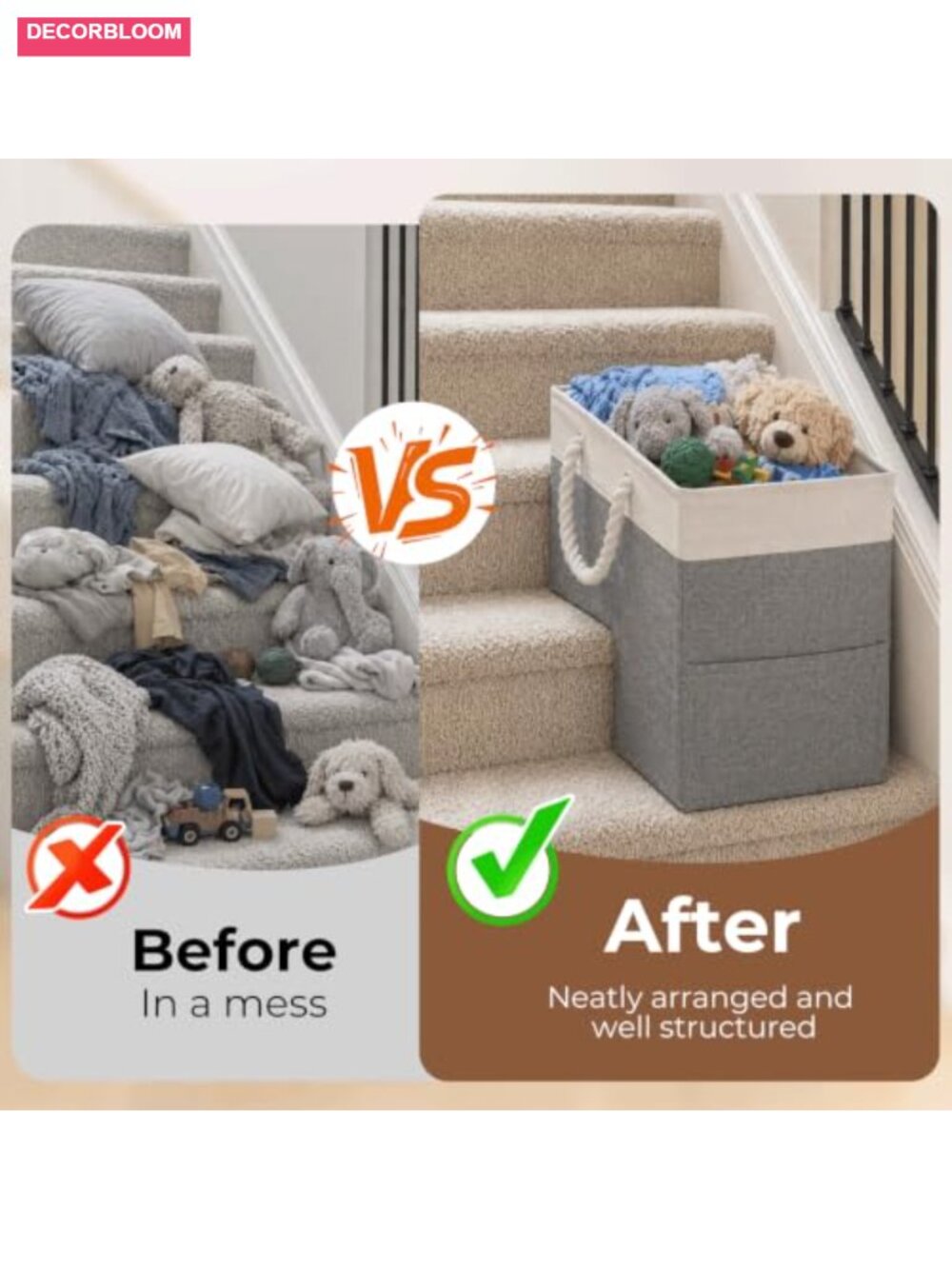 Stair Basket with Lid & Handle, Non-Slip Storage Organizer for Stairs, Cotton & - Picture 5 of 6